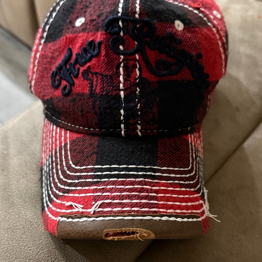 Vintage True Religion Red and Black Plaid Cap with Navy Embroidery